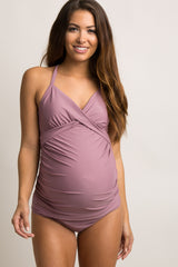 Mauve Solid Wrap Front Maternity Tankini Top