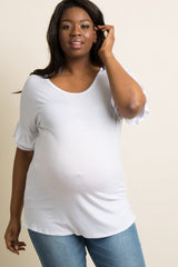 White Solid Ruffle Sleeve Plus Maternity Top