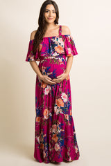 PinkBlush Magenta Floral Ruffle Open Shoulder Maternity Maxi Dress