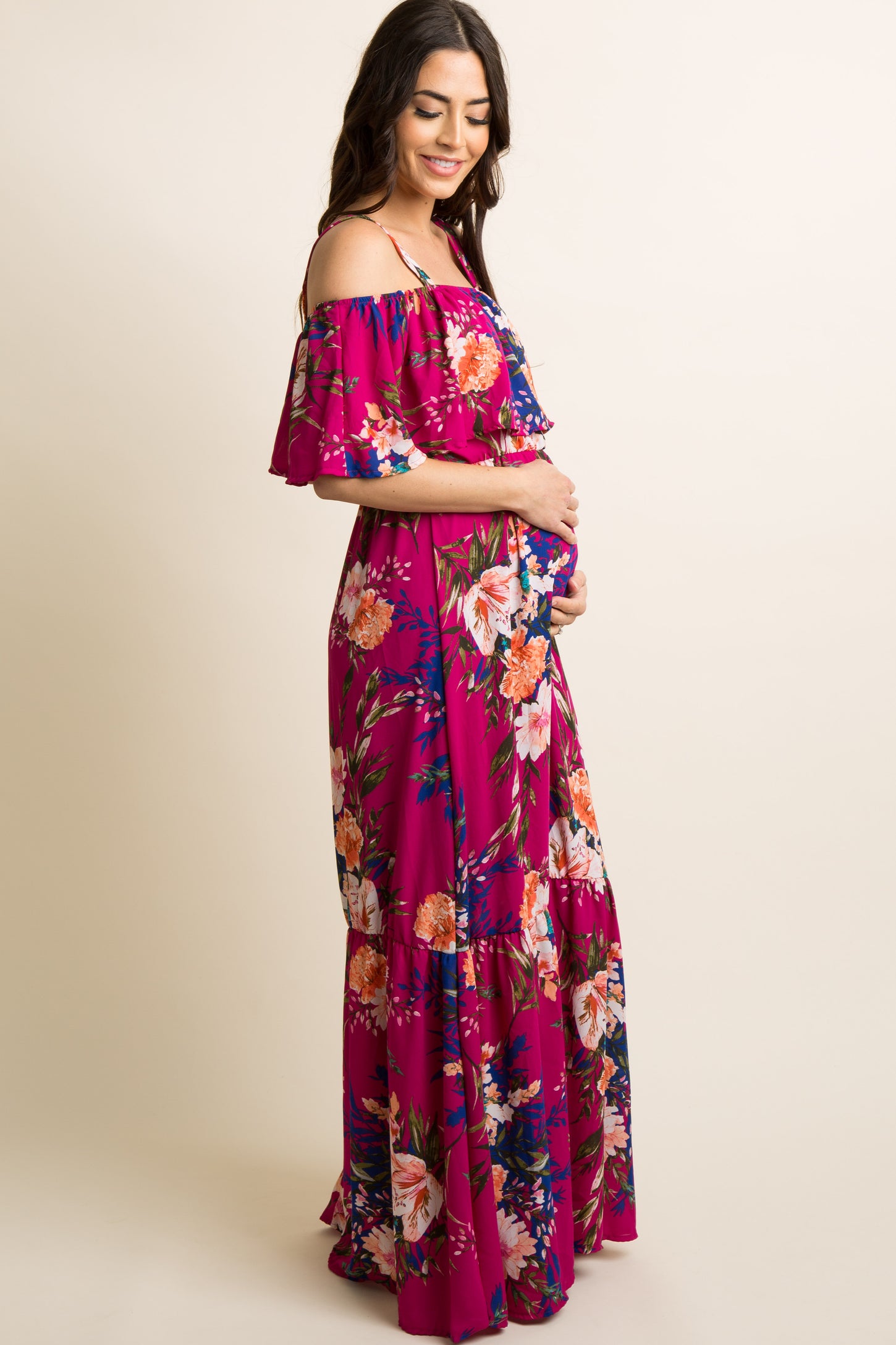 PinkBlush Magenta Floral Ruffle Open Shoulder Maternity Maxi Dress