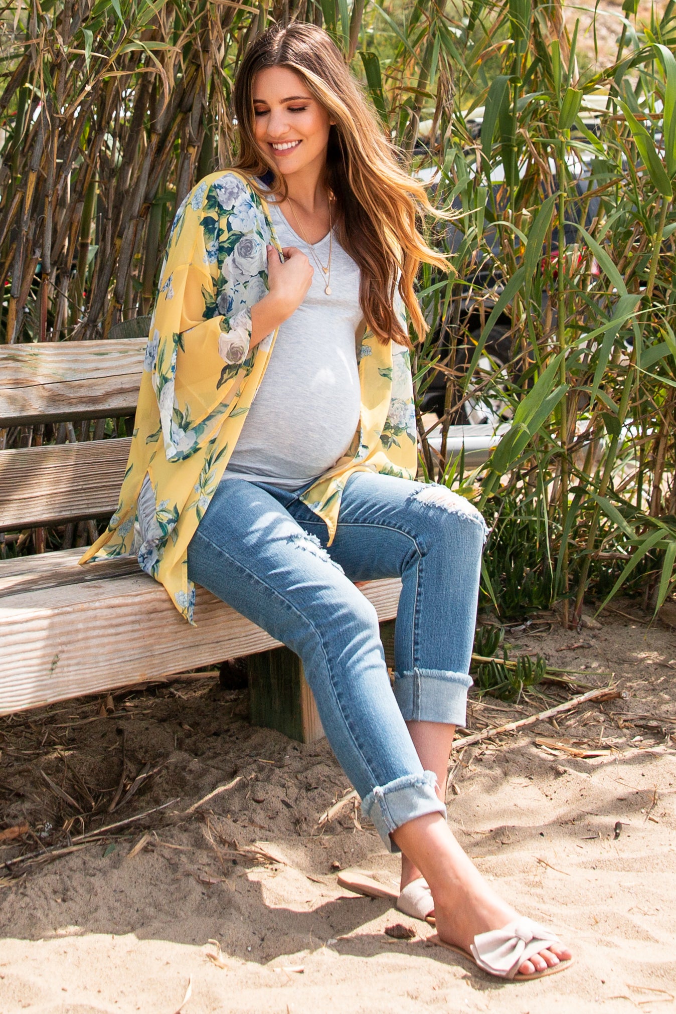 PinkBlush Yellow Floral Chiffon Bell Sleeve Maternity Cover Up