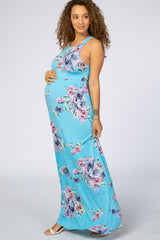 PinkBlush Turquoise Floral Print Sleeveless Maternity Maxi Dress
