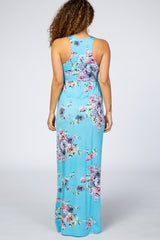 PinkBlush Turquoise Floral Print Sleeveless Maternity Maxi Dress