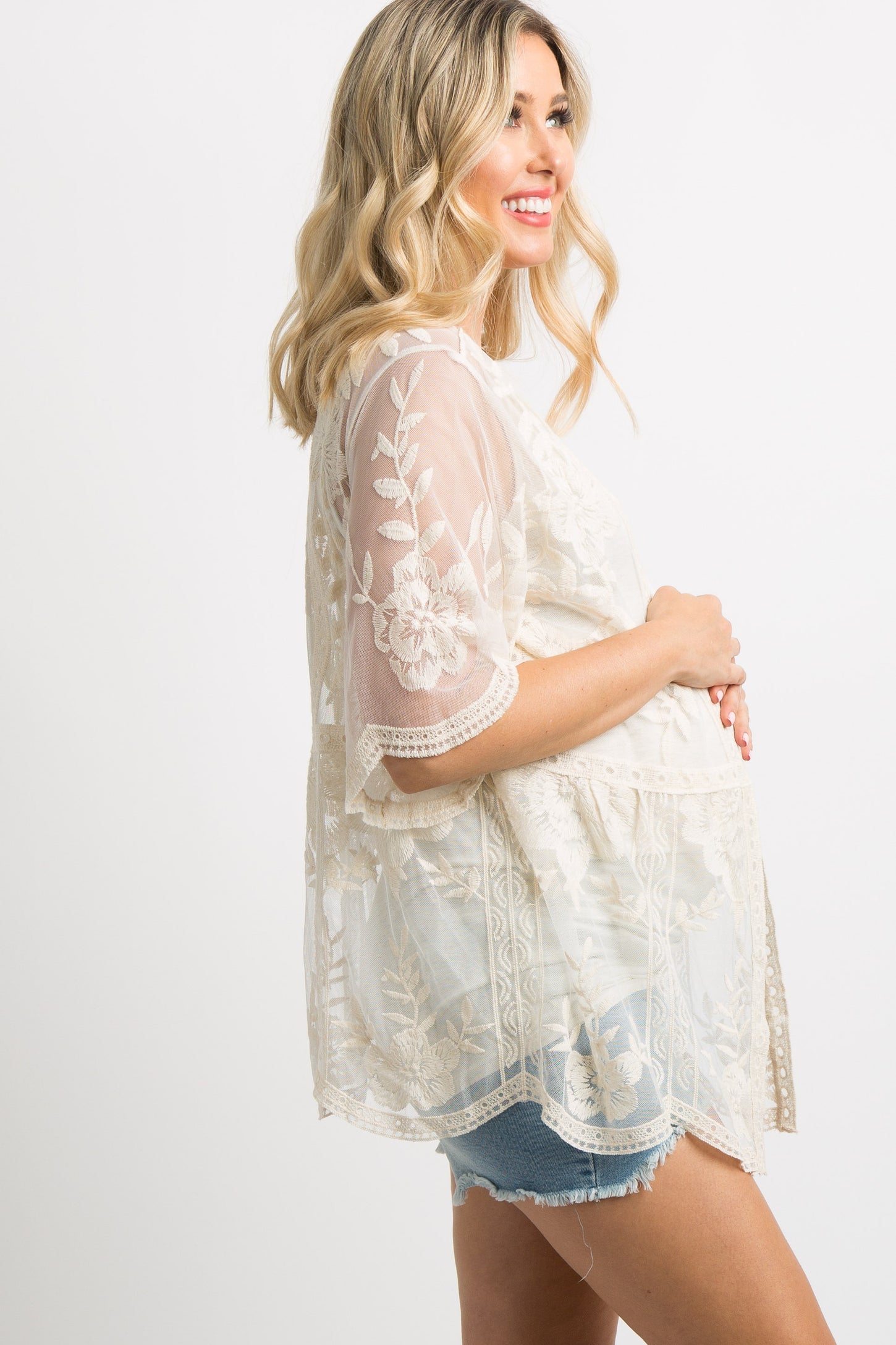 Ivory Scalloped Lace Mesh Maternity Cover Up
