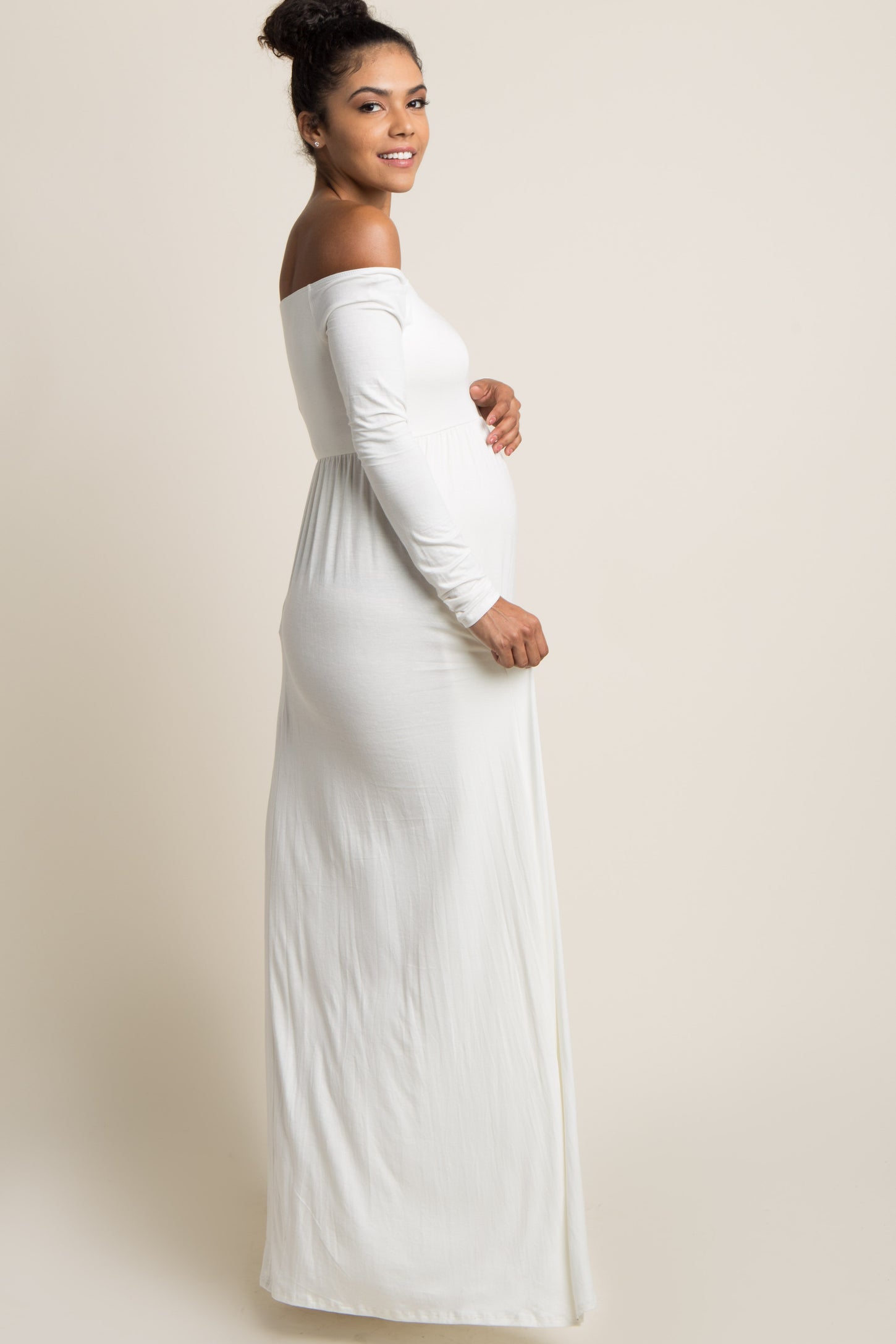 PinkBlush Tall Ivory Solid Off Shoulder Maternity Maxi Dress