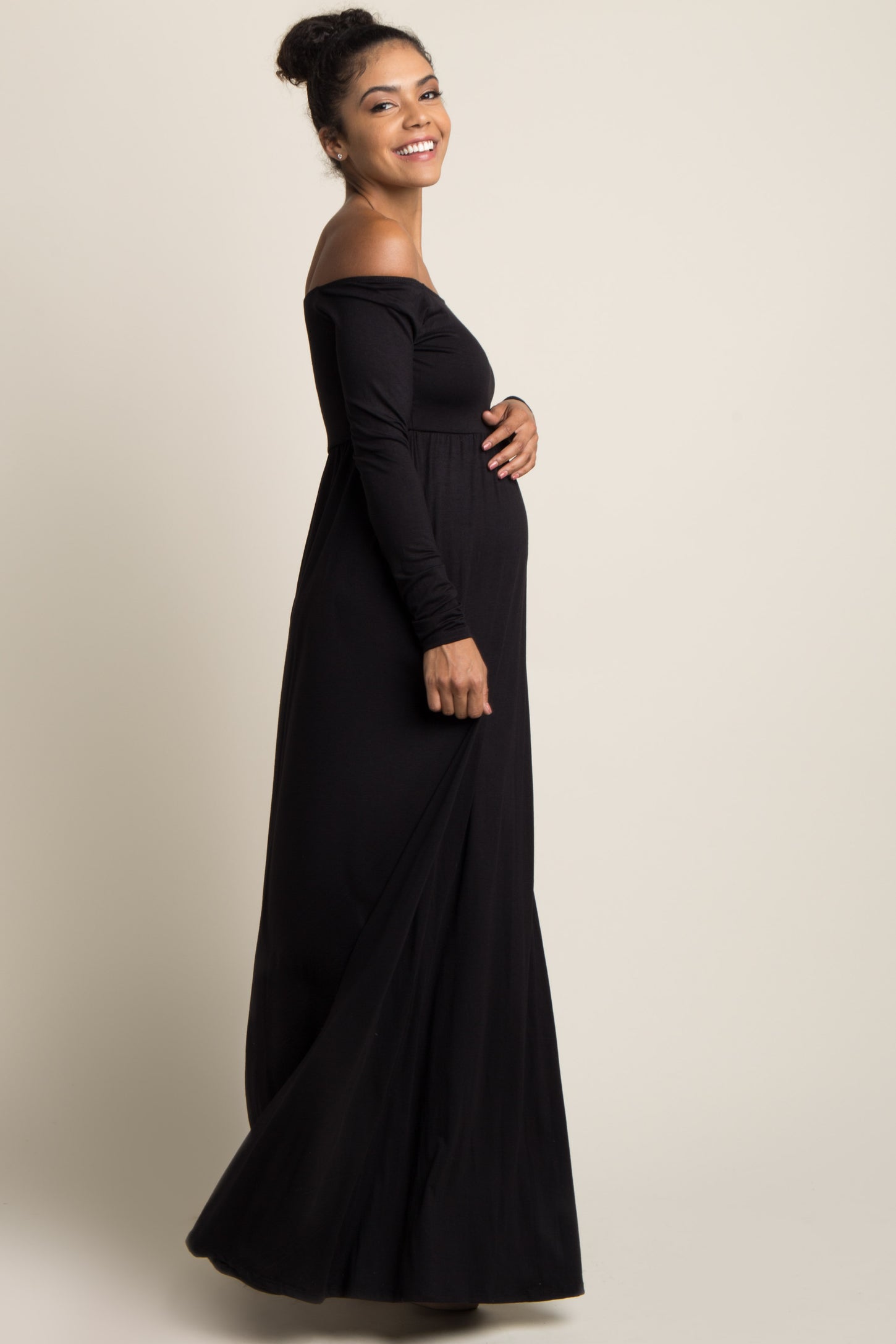 PinkBlush Petite Black Solid Off Shoulder Maternity Maxi Dress