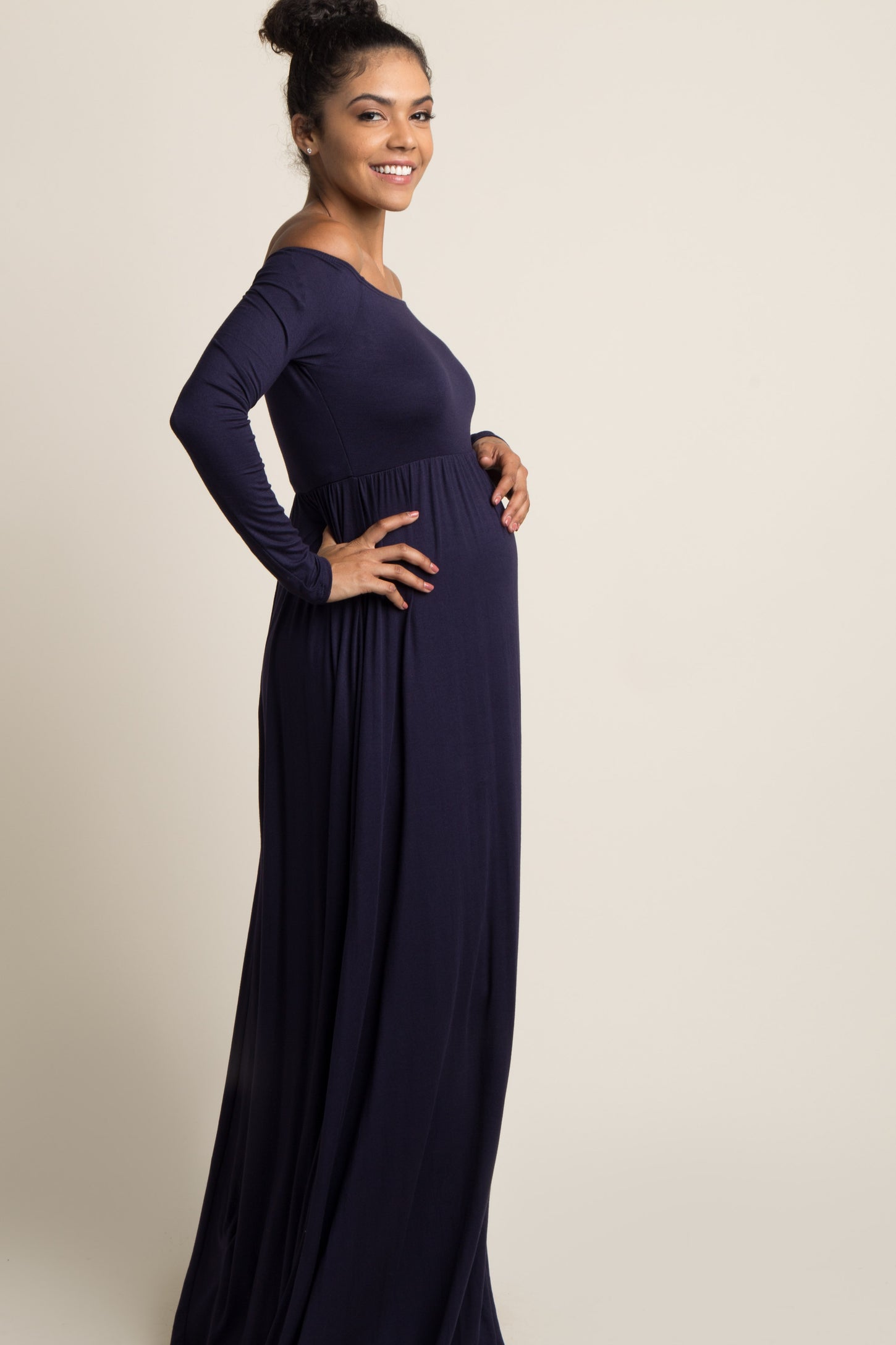 PinkBlush Tall Navy Blue Solid Off Shoulder Maternity Maxi Dress