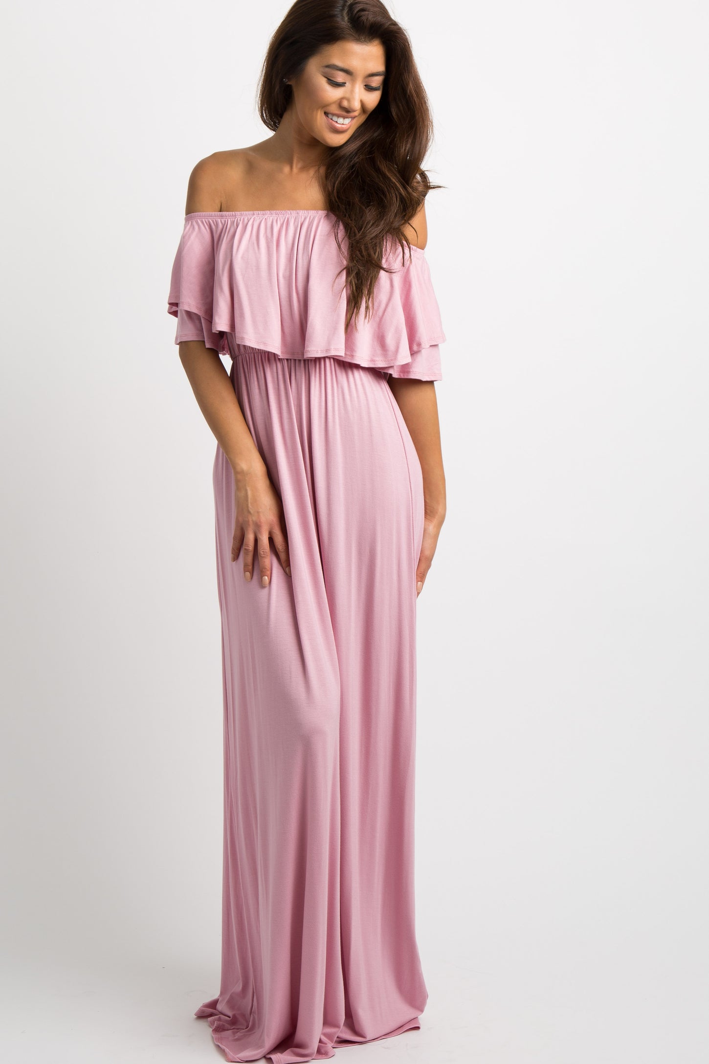 Light Pink Off Shoulder Ruffle Trim Maternity Maxi Dress