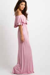Light Pink Off Shoulder Ruffle Trim Maxi Dress