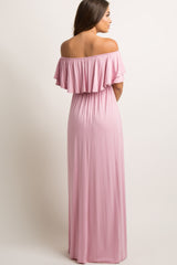 Light Pink Off Shoulder Ruffle Trim Maternity Maxi Dress