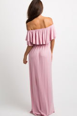 Light Pink Off Shoulder Ruffle Trim Maxi Dress