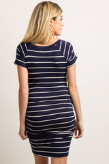 Navy Blue Striped Ruched Bodycon Maternity Dress