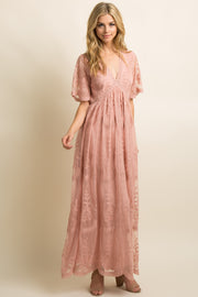 Light Pink Lace Mesh Overlay Maxi Dress