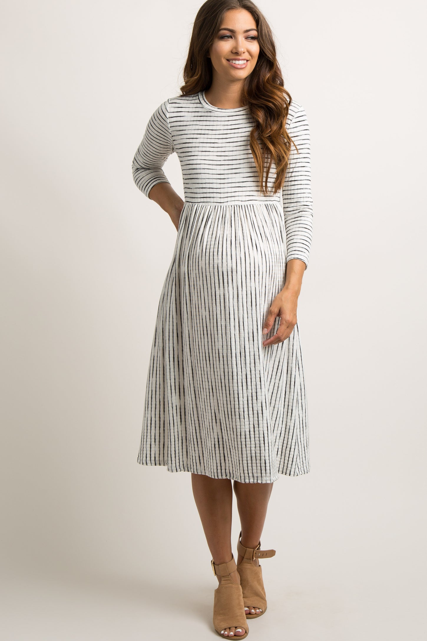 Ivory Ribbed Striped Maternity Midi Dress