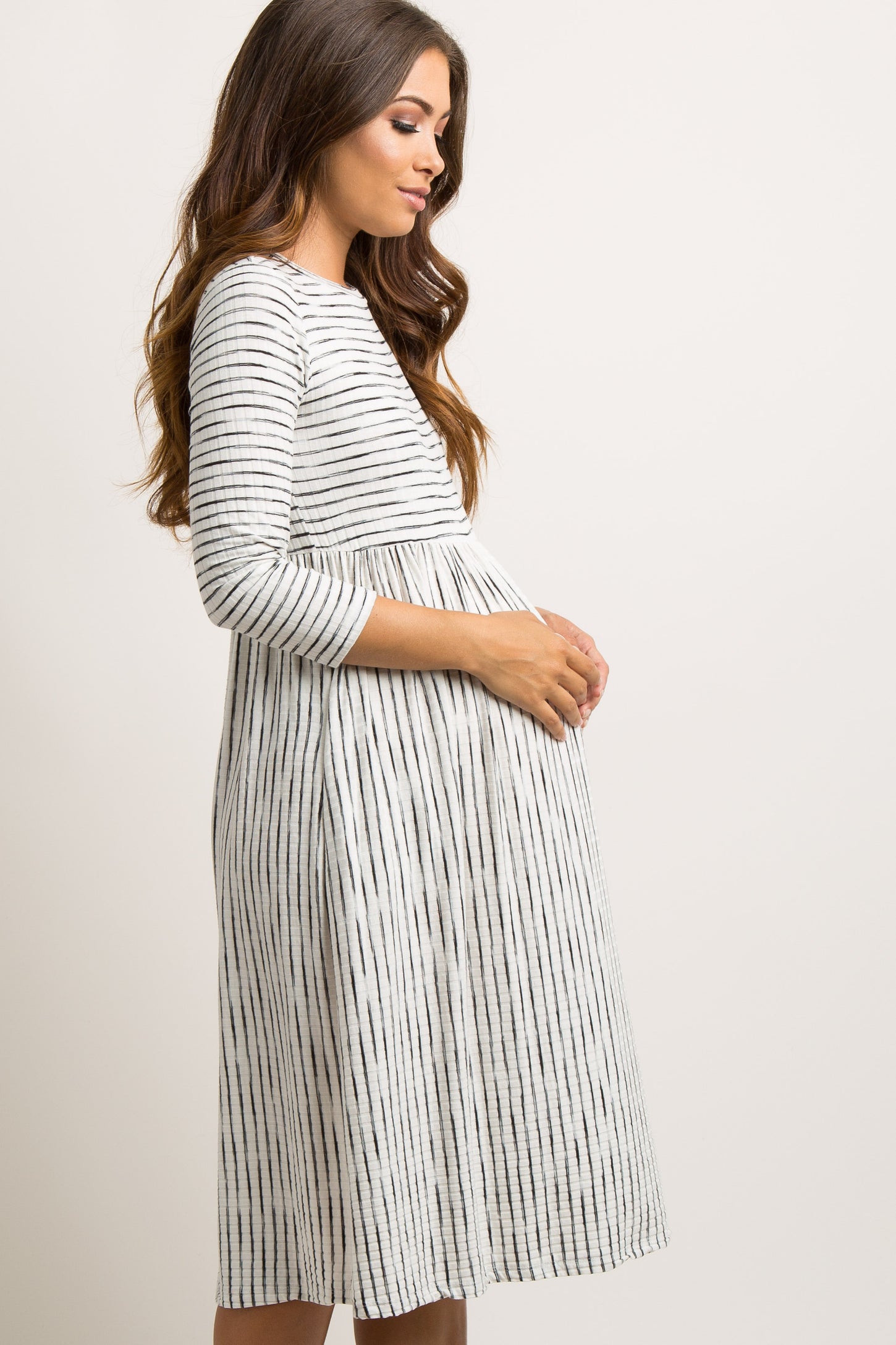 Ivory Ribbed Striped Maternity Midi Dress