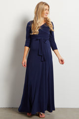 Tall Navy Blue Draped 3/4 Sleeve Maternity Maxi Dress