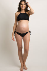 Black Scalloped High Neck Halter Maternity Bikini Set