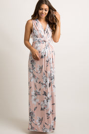 Light Pink Floral Sleeveless Knot Front Maternity Maxi Dress