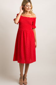 Red Polka Dot Smocked Maternity Midi Dress