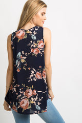 Navy Blue Floral Sleeveless Top