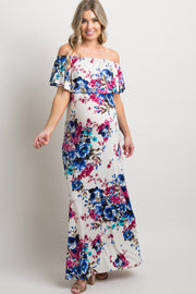 PinkBlush Ivory Floral Ruffle Off Shoulder Maternity Maxi Dress