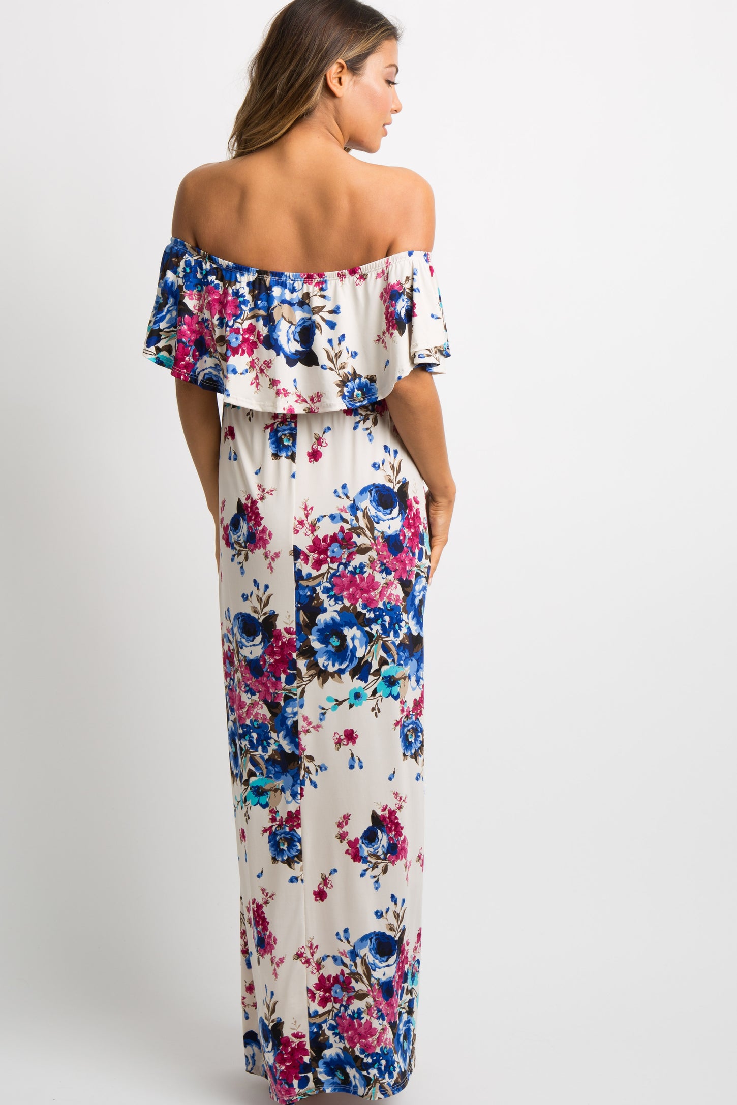PinkBlush Ivory Floral Ruffle Off Shoulder Maxi Dress