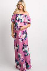 Pink Floral Ruffle Off Shoulder Maternity Maxi Dress