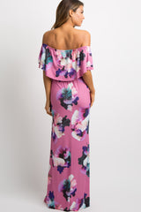 Pink Floral Ruffle Off Shoulder Maxi Dress