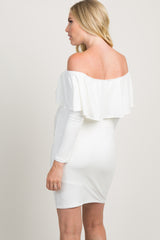 White Ruffle Trim Off Shoulder Fitted Maternity Dress