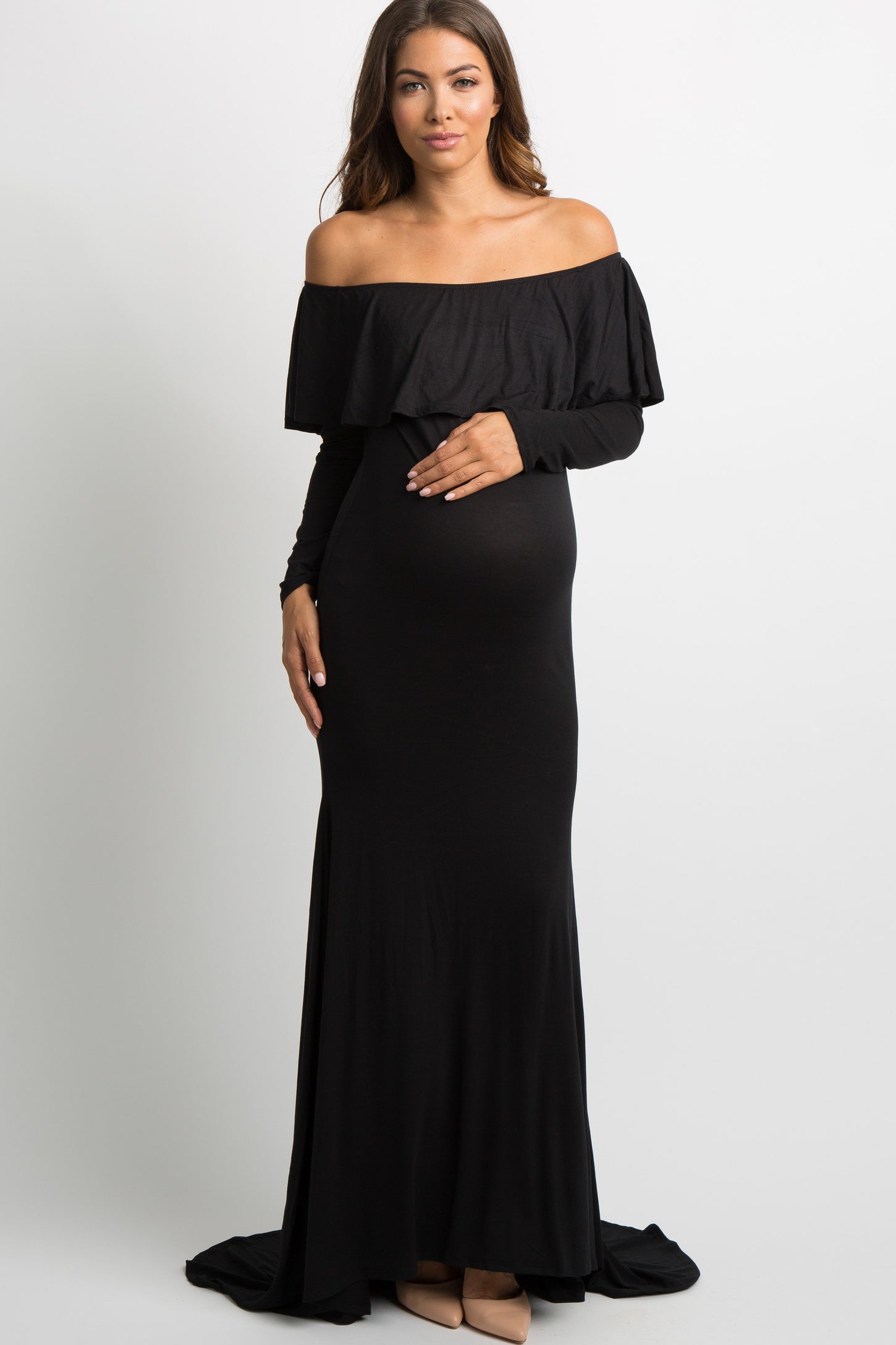Black Off Shoulder Ruffle Maternity Photoshoot Gown/Dress