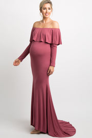 PinkBlush Dark Mauve Off Shoulder Ruffle Maternity Photoshoot Gown/Dress