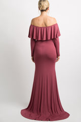 PinkBlush Dark Mauve Off Shoulder Ruffle Maternity Photoshoot Gown/Dress