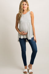 White Striped Crochet Trim Peplum Maternity Top