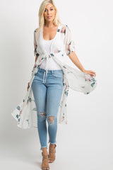 Cream Floral Chiffon Tie Accent Long Maternity Cover Up