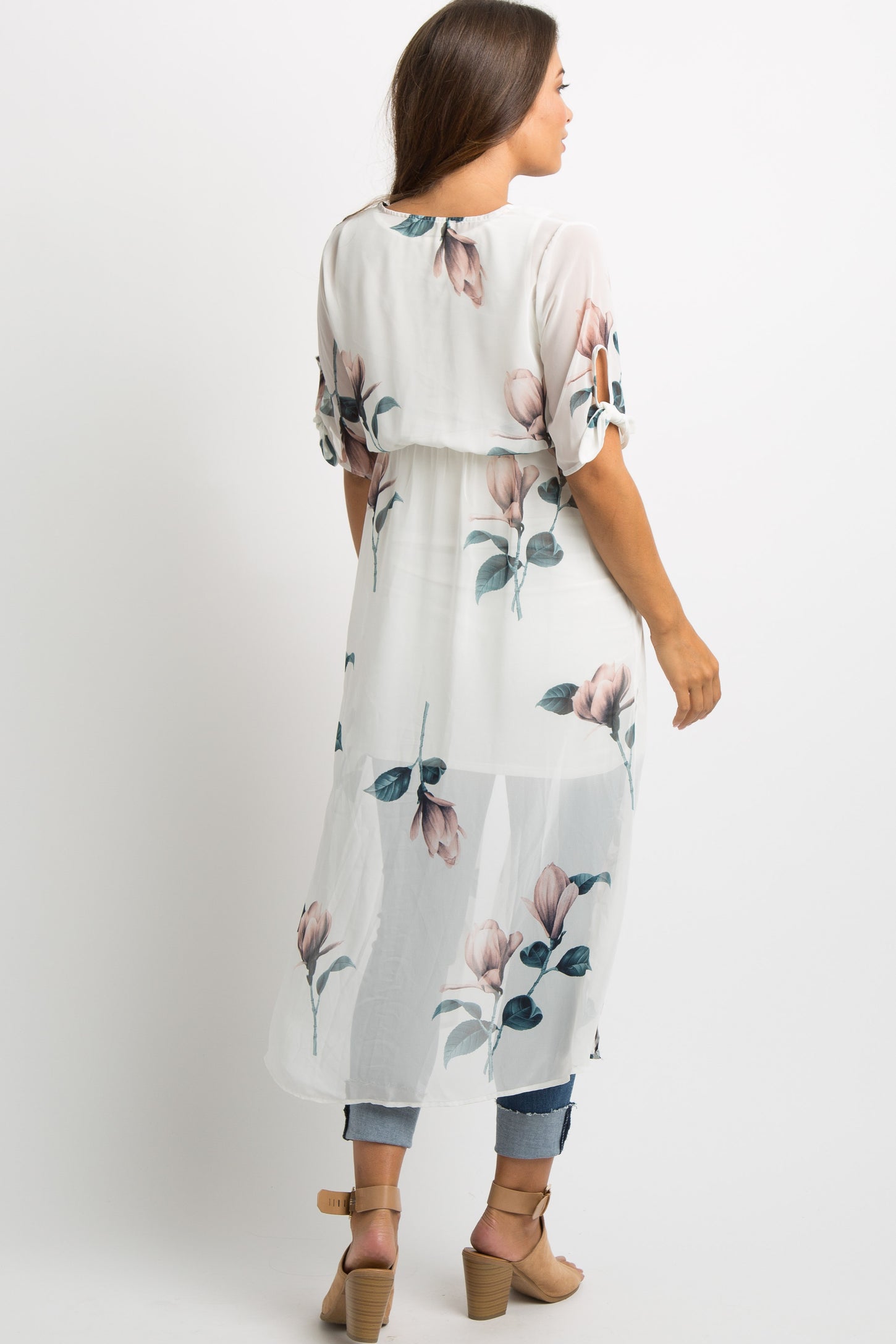 Cream Floral Chiffon Tie Accent Long Maternity Cover Up