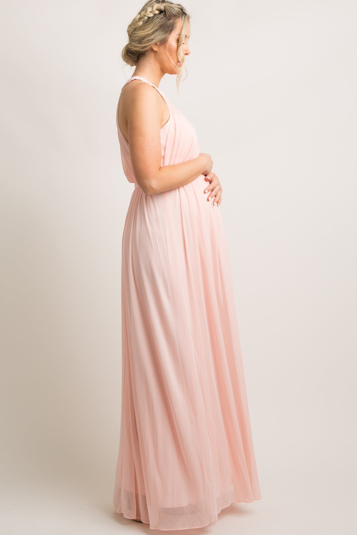 Light Pink Halter Tulle Maternity Evening Gown