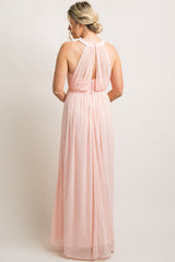Light Pink Halter Tulle Maternity Evening Gown