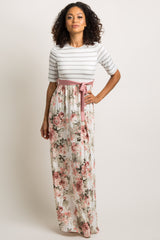 Ivory Striped Colorblock Floral Maxi Dress