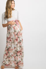 Ivory Striped Colorblock Floral Maternity Maxi Dress