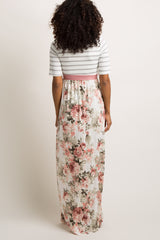 Ivory Striped Colorblock Floral Maxi Dress