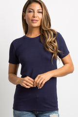 Navy Blue Solid Short Sleeve Maternity Top