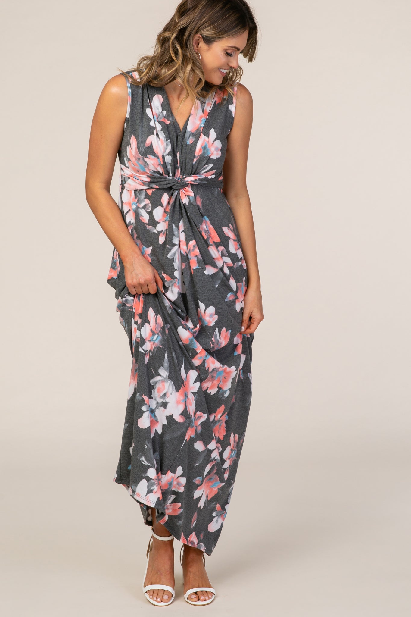 Charcoal Grey Floral Sleeveless Knot Front Maxi Dress