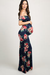 Navy Blue Floral Off Shoulder Wrap Maternity Photoshoot Gown/Dress