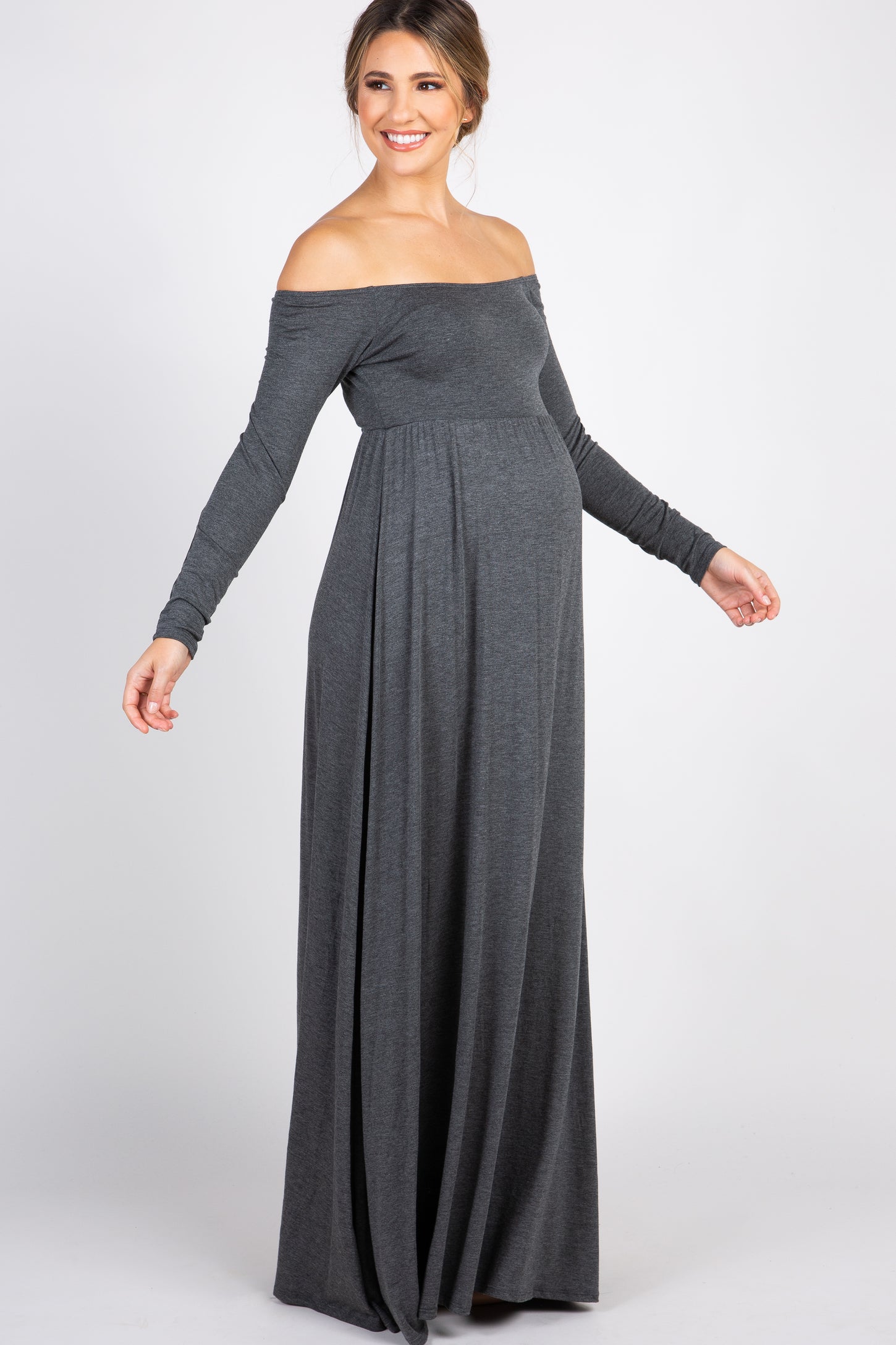 PinkBlush Charcoal Solid Off Shoulder Maternity Maxi Dress