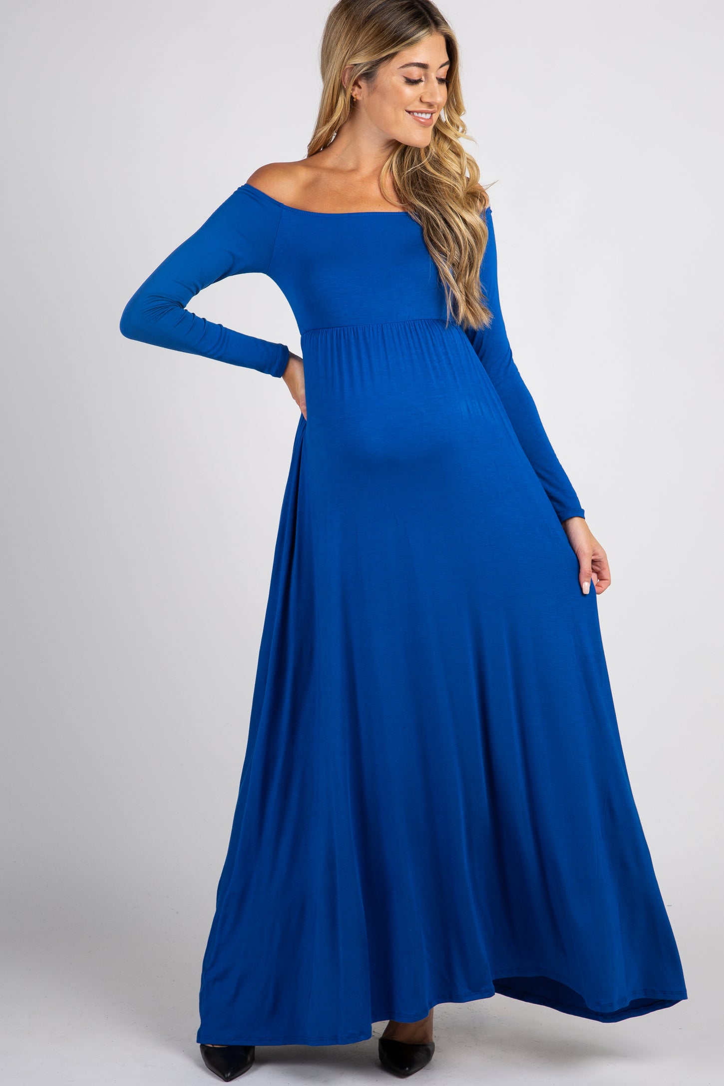 Royal Blue Solid Off Shoulder Maternity Maxi Dress