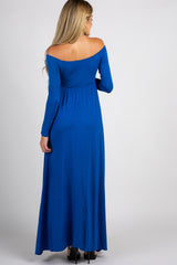 Royal Blue Solid Off Shoulder Maternity Maxi Dress