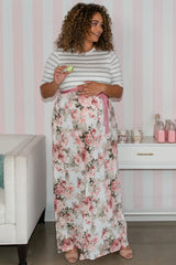 Ivory Striped Colorblock Floral Maternity Plus Maxi Dress