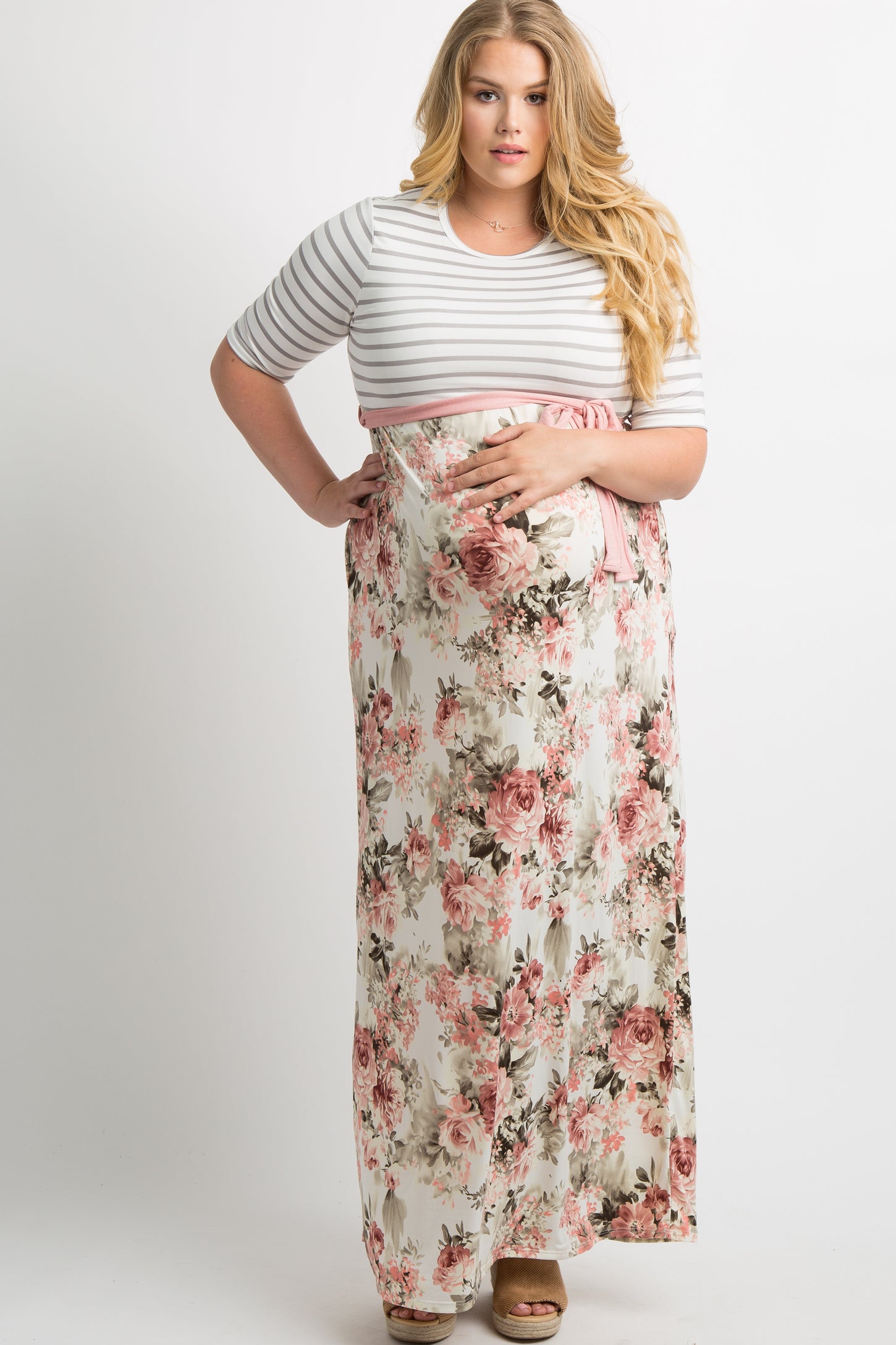 Ivory Striped Colorblock Floral Maternity Plus Maxi Dress