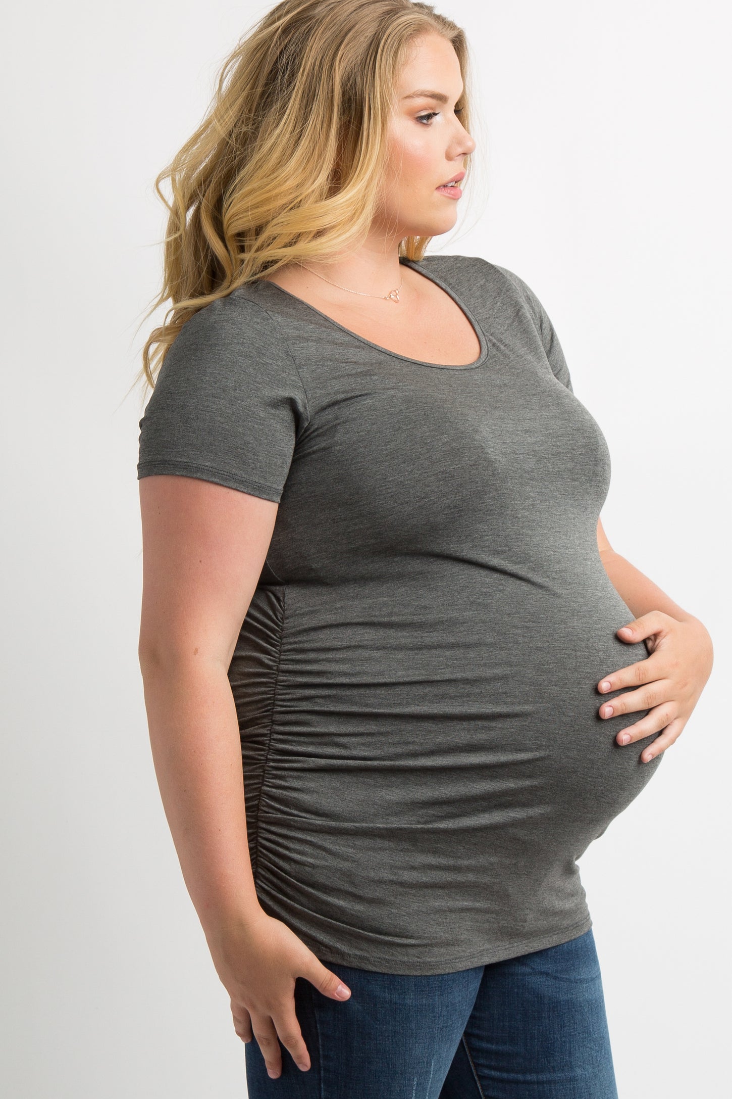 PinkBlush Charcoal Grey Ruched Short Sleeve Maternity Plus Top