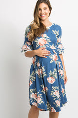 Blue Floral Layered Sleeve Maternity Dress